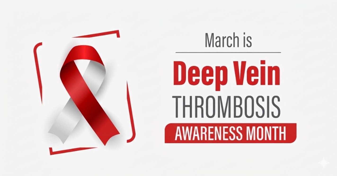 a red ribbon and the words March is Deep Vein Thrombosis Month